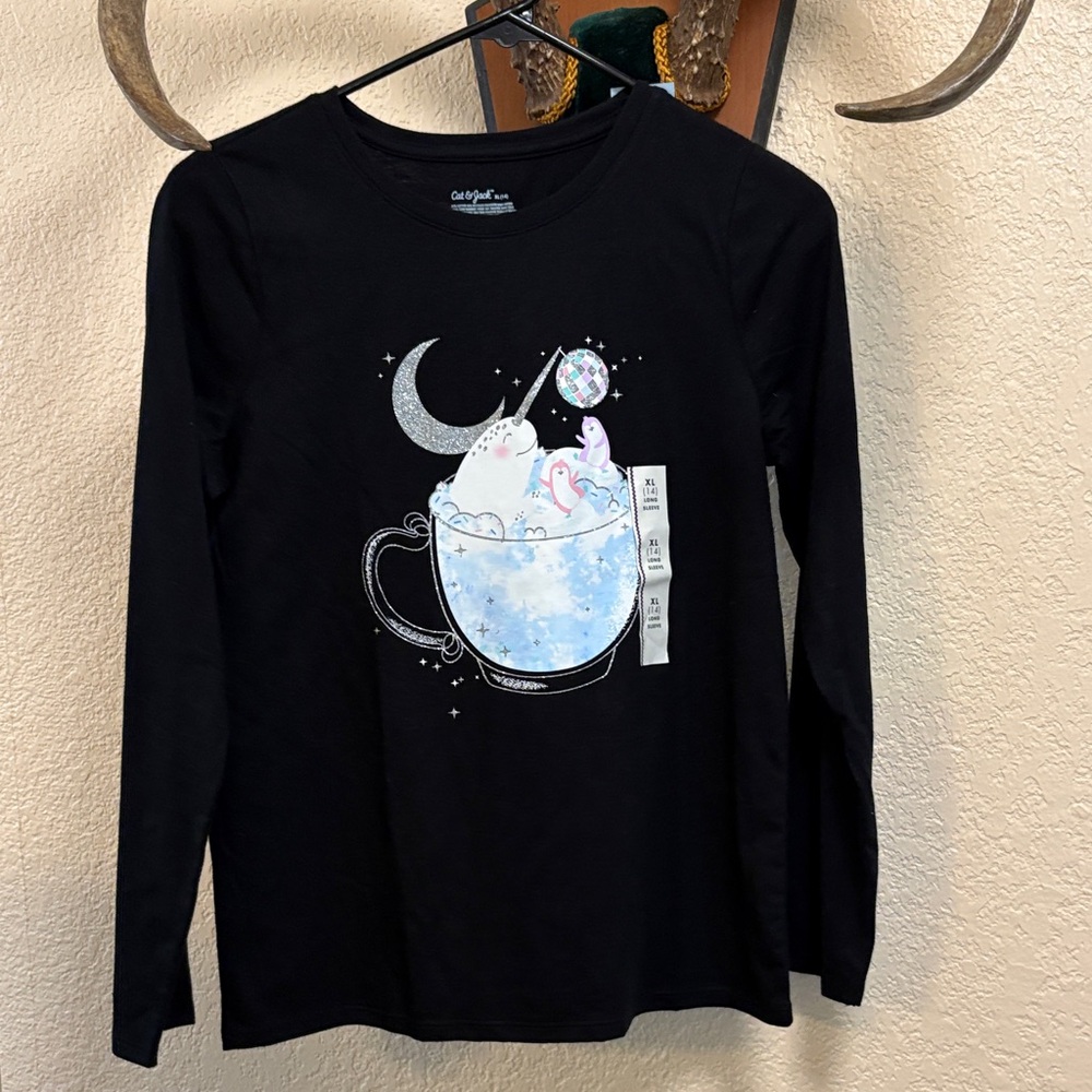 Cat & Jack Black Long Sleeve Shirt with Unicorn and Moon Design
